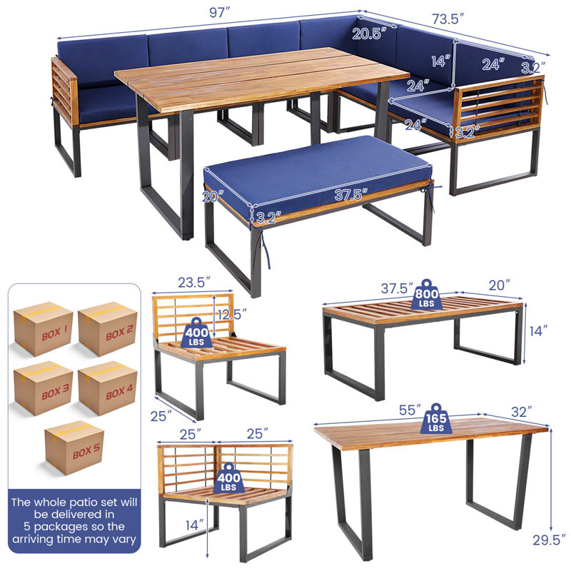 Latitude Run® 8pcs Patio Dining Set Acacia Wood L Shaped Sectional Sofa Set W/ Navy Cushions