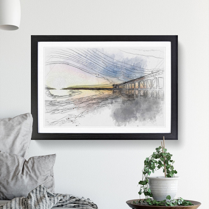 Pier in San Diego Sketch - Picture Frame Graphic Art Print, Black Framed, 62cm H x 87cm W x 2cm D