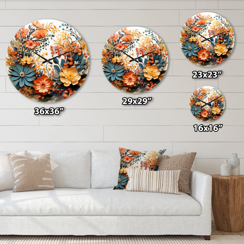 Horloge murale beige et orange à couronne de fleurs III, Moyenne