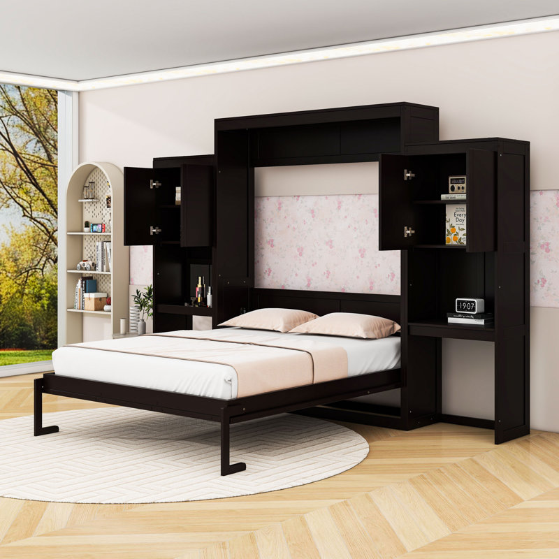 Grand lit escamotable avec bureau, coiffeuse et tablettes, Espresso