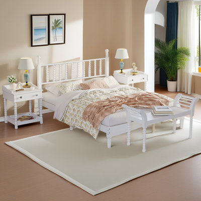 Ensemble de chambre à coucher de style rétro 4 pièces, grand lit plateforme avec tête de lit en forme de gourde, table de chevet et banc avec pieds tournés