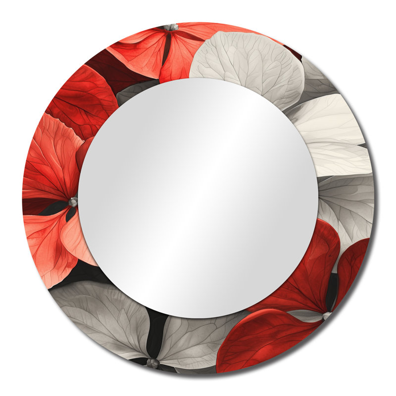 Monochrome Red Hydrangea Petal Accent I - Traditional Decorative Mirror Wall Art - Printed On Metal, 23" x 23"