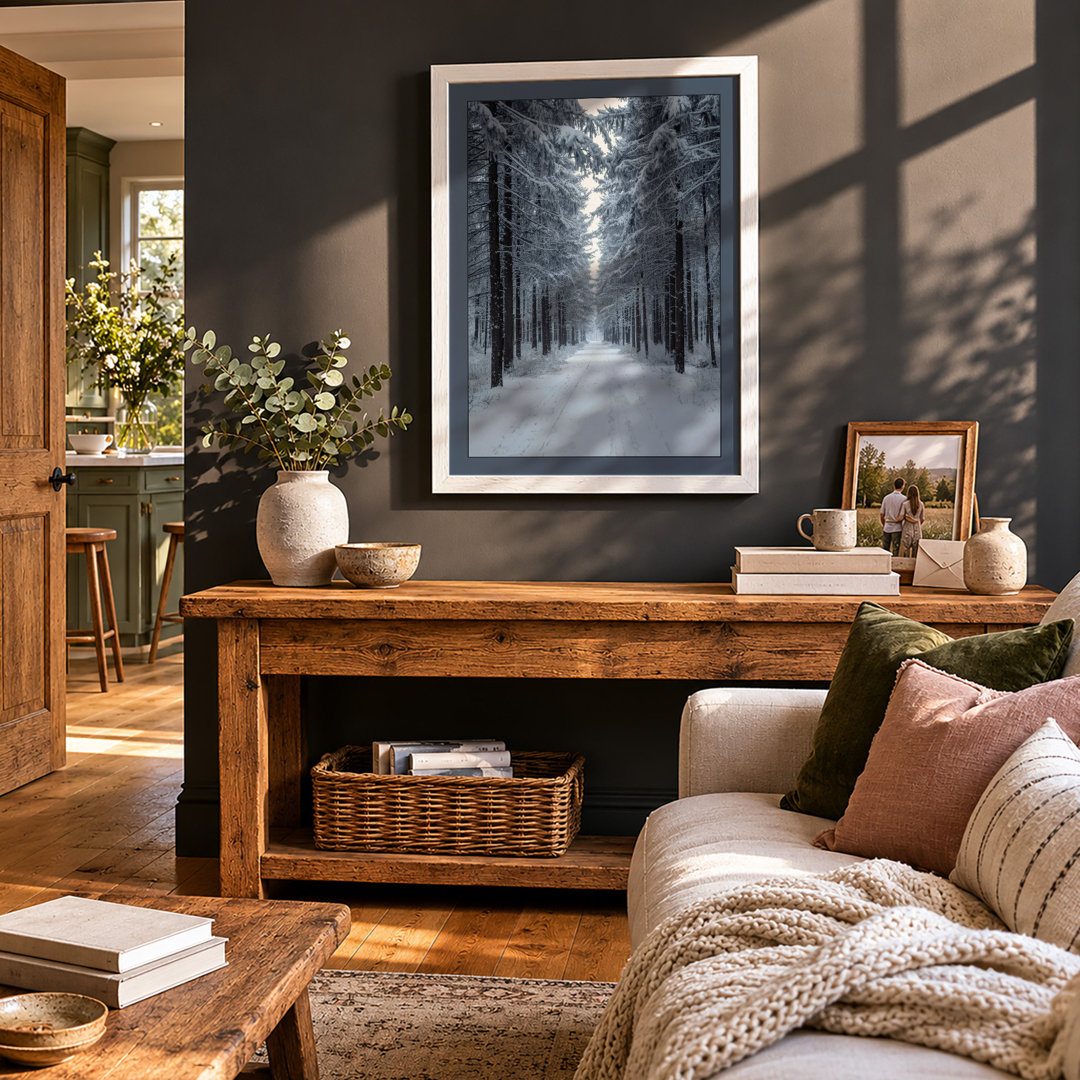 Snow-Lined Forest Path Scandinavian - Framed Print