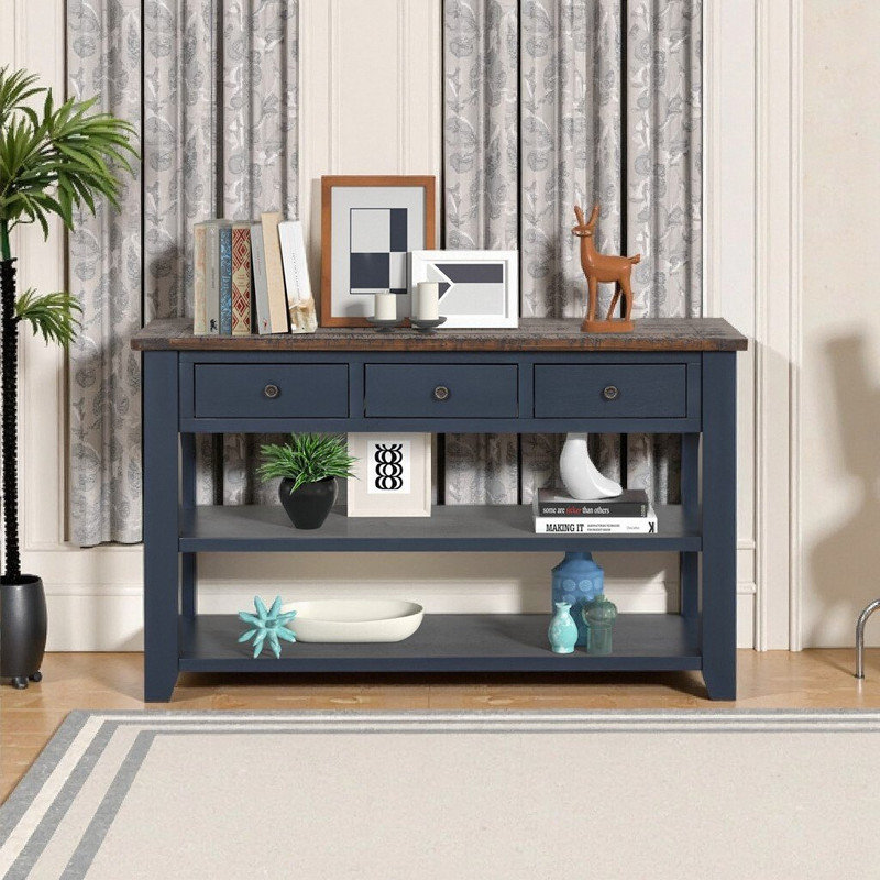 Console en bois de pin massif 48 po avec 3 tiroirs et 2 tablettes Stante, Marine