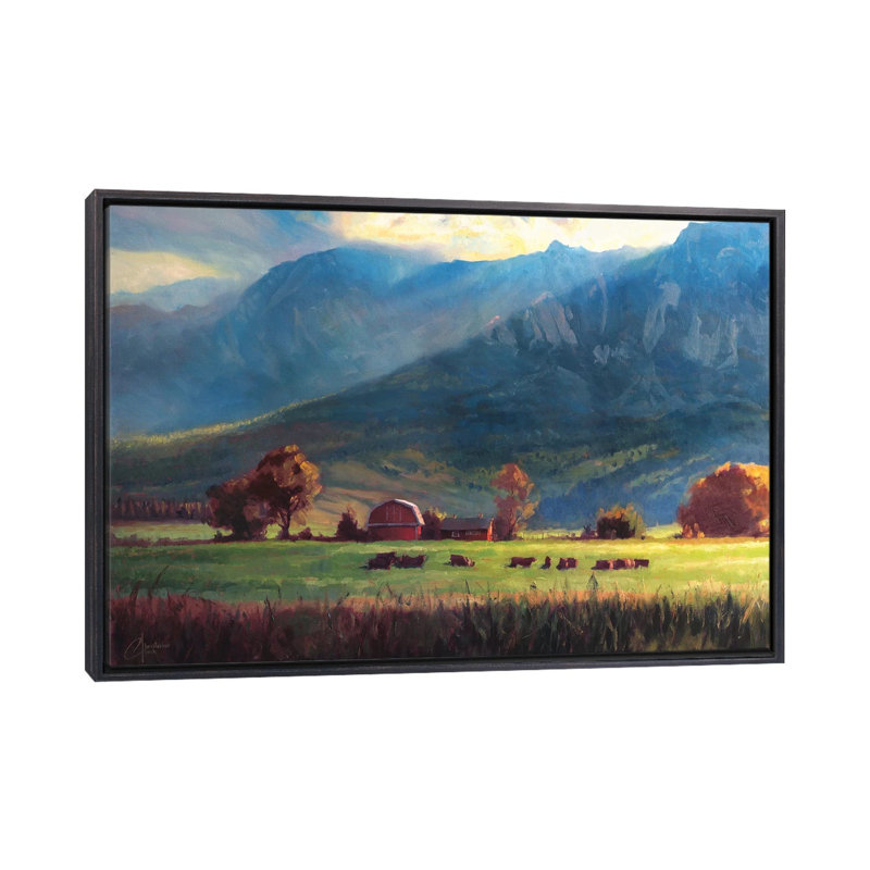 «Rocky Mountain Farm» par Christopher Clark, reproduction d'art, H 26 po x l 40 po x P 1,5 po, Toile encadrée noir délavé