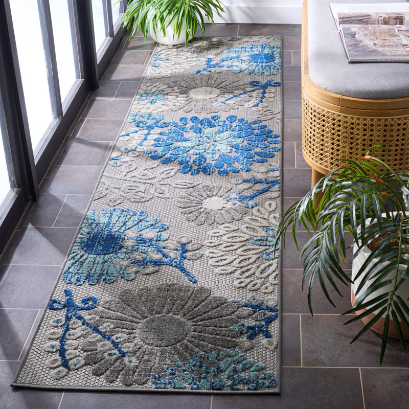 Tapis d'intérieur / extérieur floral Kellems Performance, Grey/Blue, Tapis de couloir 2 pi x 12 pi