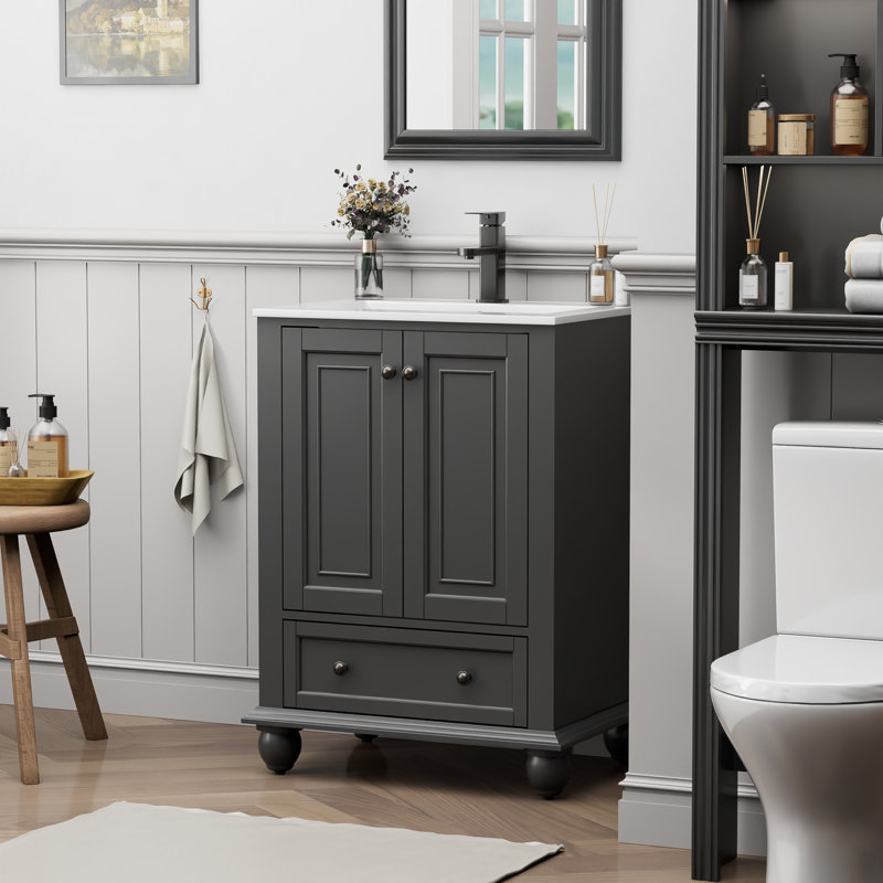 Ameetha 24" Vintage Single Bathroom Vanity with Ceramic Sink Top, Faucet, Distressed Hand Paint, Gray