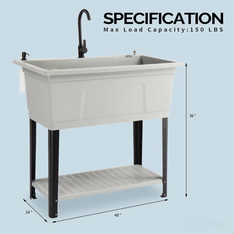 40 In.W Utility Sink Washing Room Sink Big Laundry Tub With Faucet, Gray