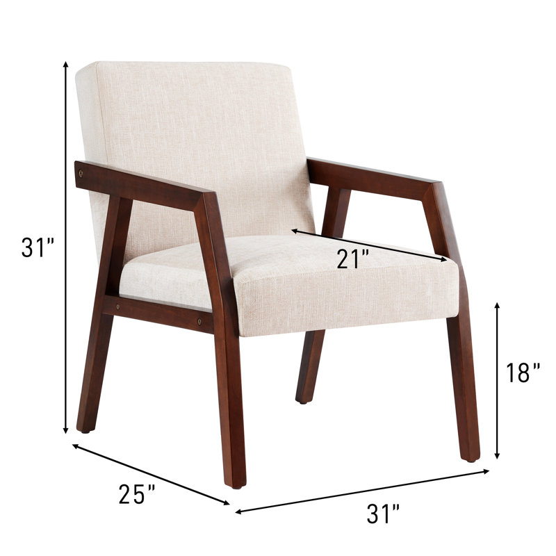 Chaise d'appoint Mid-Century moderne en bois massif, tissu de lin