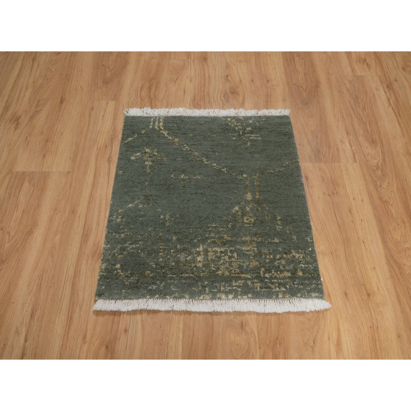 Tapis vert thym 2 pi x 2 pi, design moderne, ton sur ton, laine et soie, noué à la main, échantillon, carré, tapis, tapis oriental
