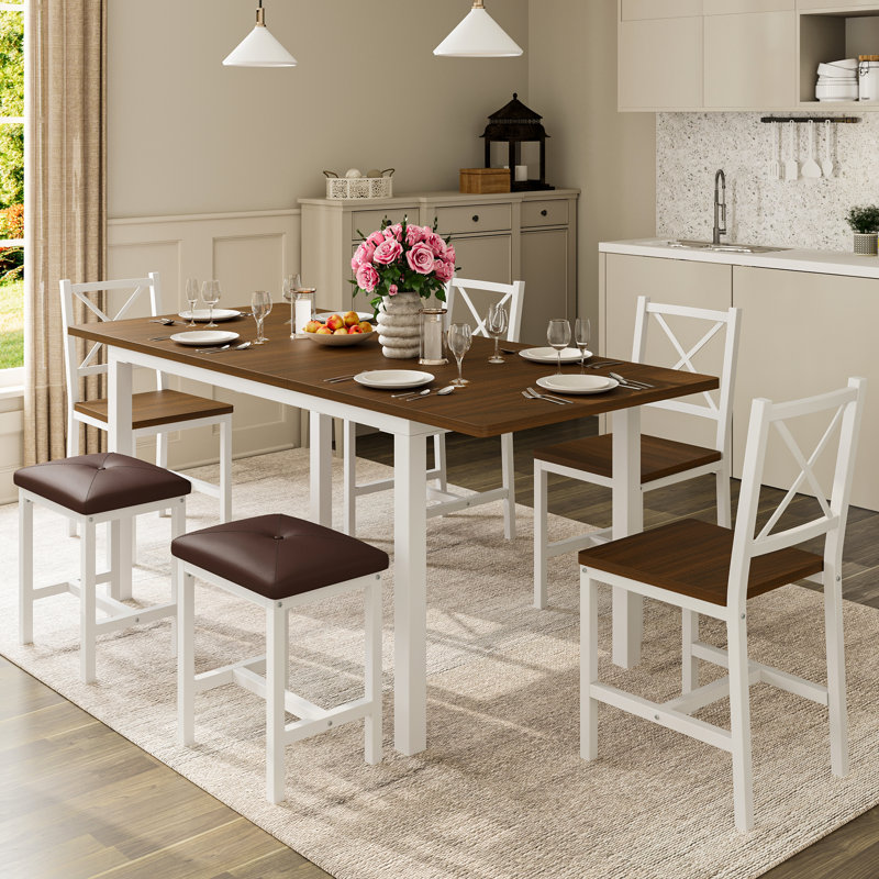 Farmhouse Style 7-Piece Dining Table Set For 4-6 People, 63" Extendable Kitchen Table Set With 4 Dining Chairs And 2 PU Upholstered Stools