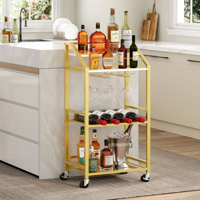 Serving Bar Cart With Mirrored Shelf With Wheels