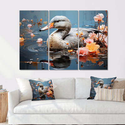Grey Duck Floral Swims I - Duck Animal Wall Art
