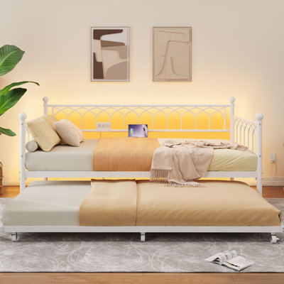Twin Size Daybed with Trundle, Sofa Bed Frame with Charging Station and LED Lights, Heavy Duty Metal Bed Frame