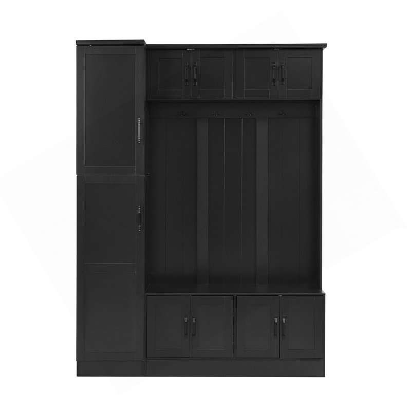 79'' Tall Modern Hall Tree With Shoe Storage, 4-In-1 Entryway Bench With 6 Cabinets, 4 Coat Hooks & Adjustable Shelf For Hallway, Living Room, Black
