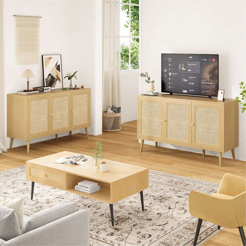 47.2"  3-Door storage Sideboard with Rattan  Doors, Natural, 27.6" H x 47.2" W x 15.5" D
