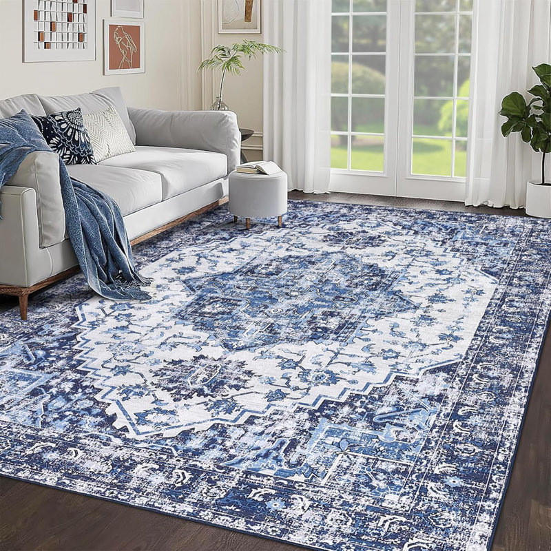 Tapis vintage lavable, à poils courts, mince, résistant aux taches, antidérapant pour le salon, la chambre à coucher, la salle à manger, bleu