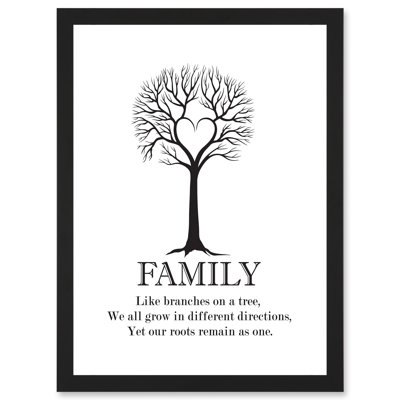 Family Roots Quote Motivation Typography B&W Heart Tree - Single Picture Frame Print