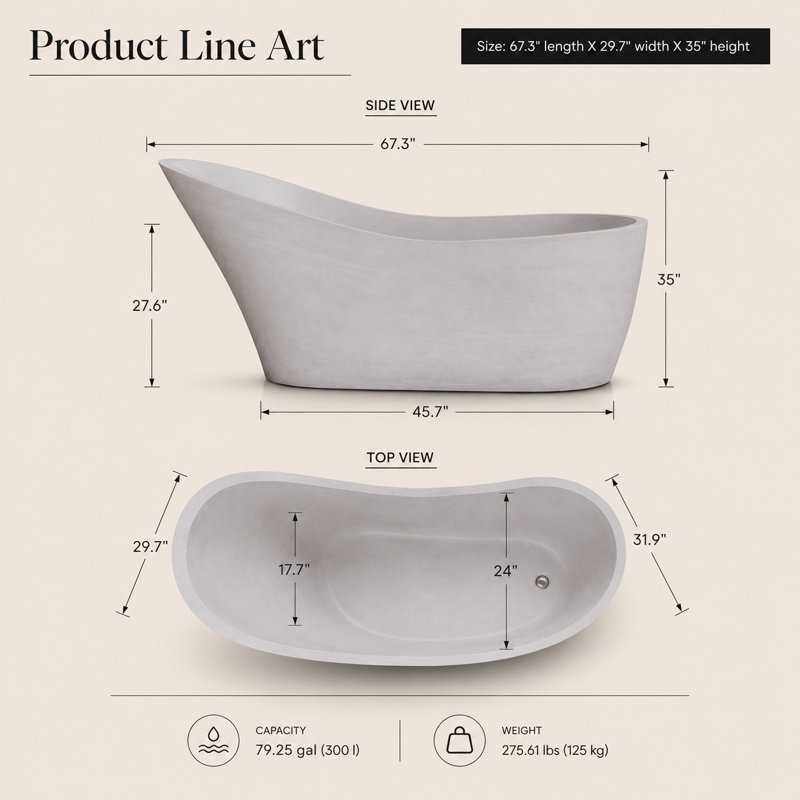 67.3" x 29.7" Freestanding Soaking Cement Bathtub, White 