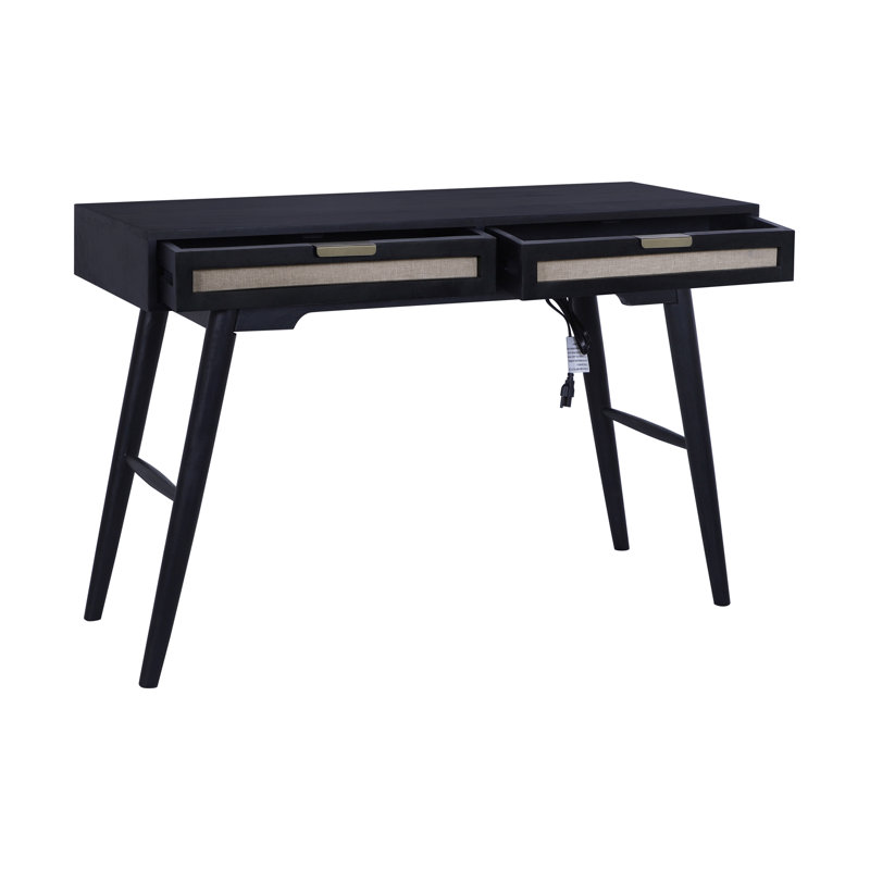 Mid-Century Modern 45" Solid Wood Home Office Writing Desk with Linen-Inset Storage Drawers,  Black, Black