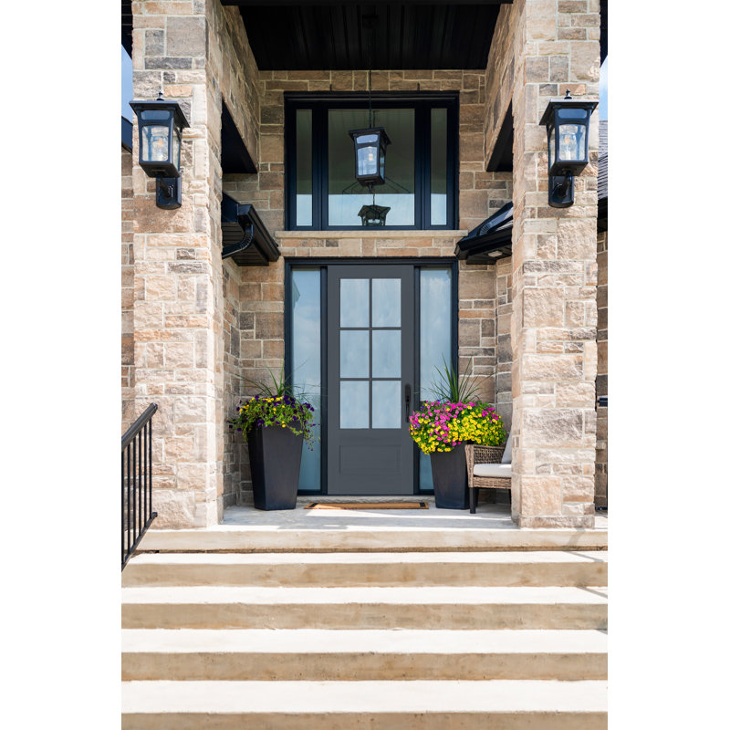 Porte d'entrée pré-suspendue en acajou plaqué sans finition Acadian par Prestige Door, Droite / vers l'intérieur