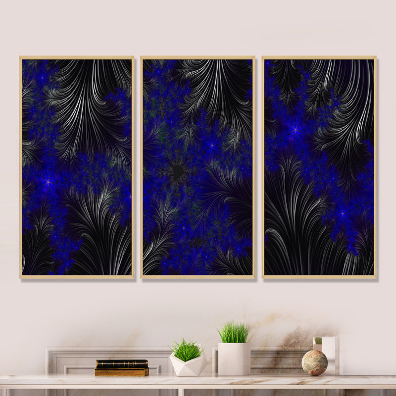 «Black and Blue Fractal Leaves», impression sur toile flottante 3 pièces, H 32 po x l 48 po x P 1 po, Cadre brun
