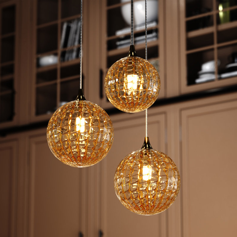 Breeze 3‑Light Hand‑Blown Webbed Glass Globe Chandelier AMBER, Satin Nickel