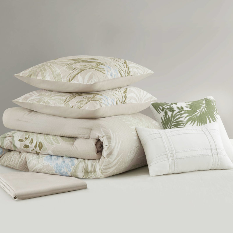 Édredon très grand 6 pièces avec jupe de lit et taies décoratives aux superbes teintes tropicales, détails de broderie, coton lavable à la machine, y compris les coussins décoratifs