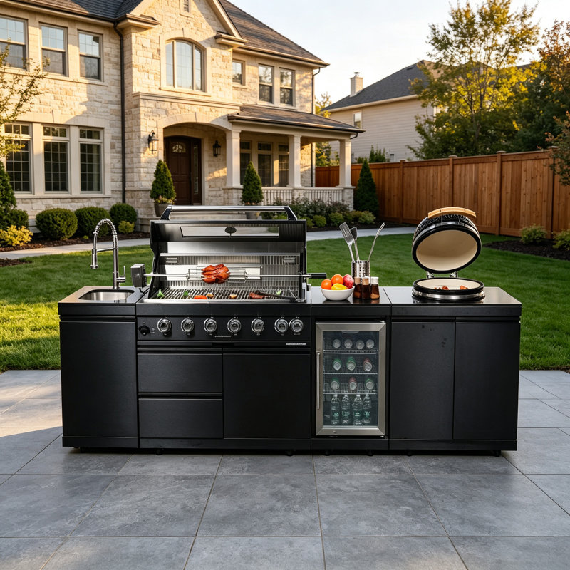 Îlot de cuisine avec barbecue au gaz propane à 6 brûleurs, rôtissoire, gril Kamado, réfrigérateur et évier extérieur (115 po de largeur).