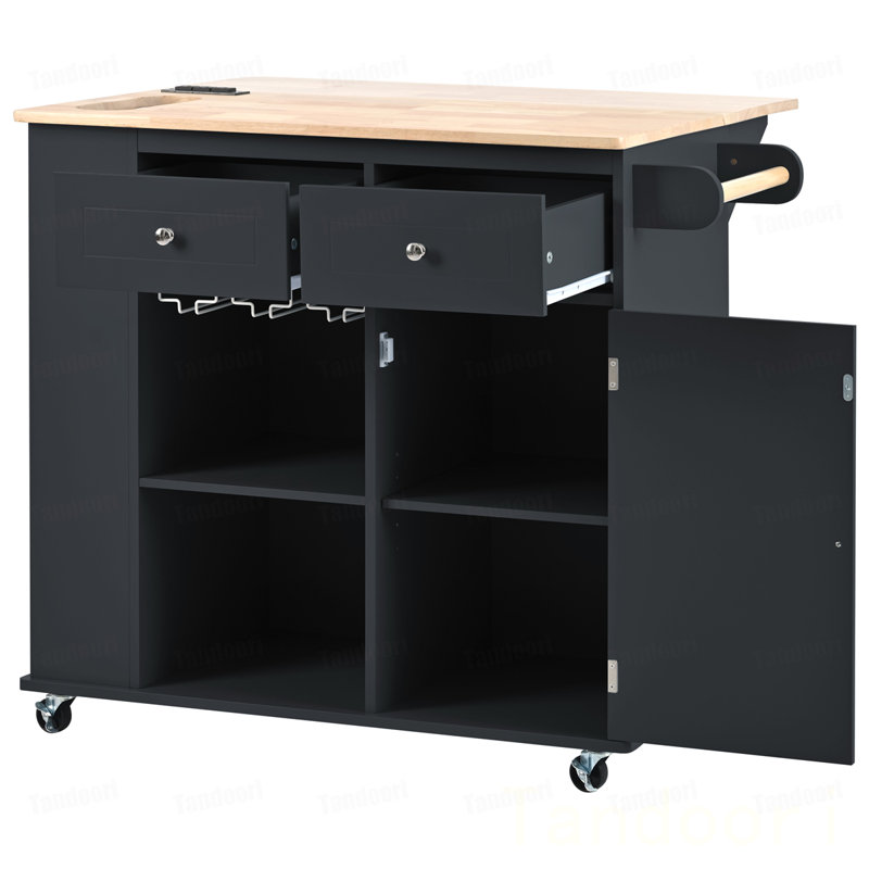 Îlot de cuisine avec prise de courant, îlot de rangement avec abattant et bois d'hévéa, rangement ouvert et support à vin, 5 roulettes, avec rangement réglable pour la maison et la cuisine