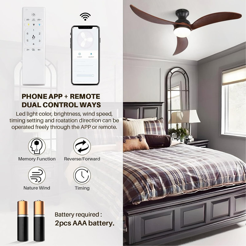 Ventilateur de plafond moderne de 52 pouces avec moteur à courant continu réversible à télécommande à 3 pales en bois massif à intensité variable