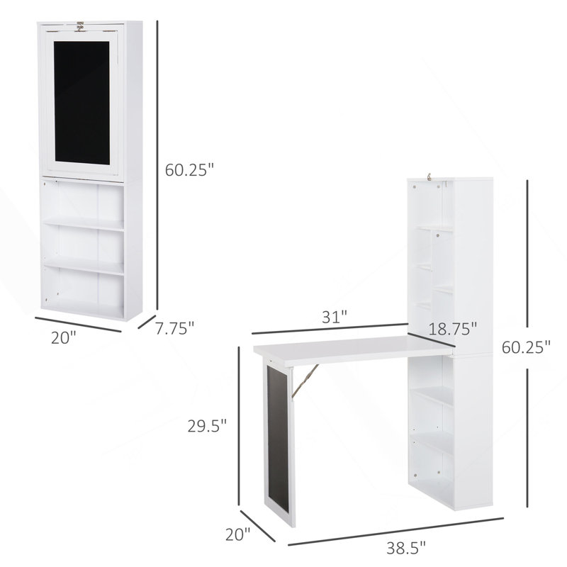 Bureau de bureau mural pliable avec tableau noir et tablette latérale pliable, Blanc