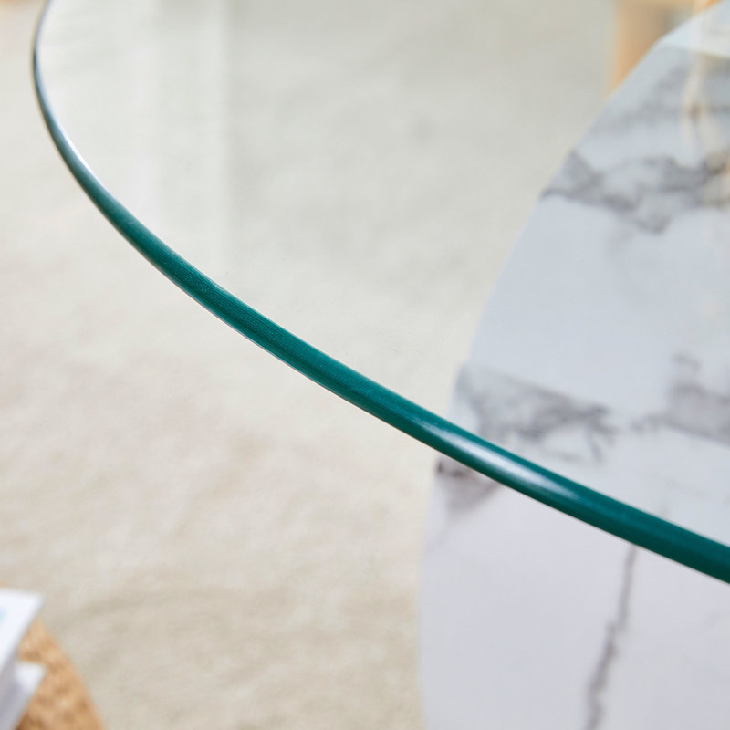 Table basse contemporaine à double couche artistique - marbre blanc et collage de grain de bois, plusieurs couleurs disponibles. Autocollant de panneau de densité, verre renforcé. W1151P233589