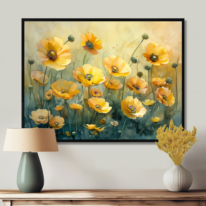 Décoration murale jaune avec bouton d'or jaune et brise de fleur III - Buttercups, Toile avec cadre flottant noir