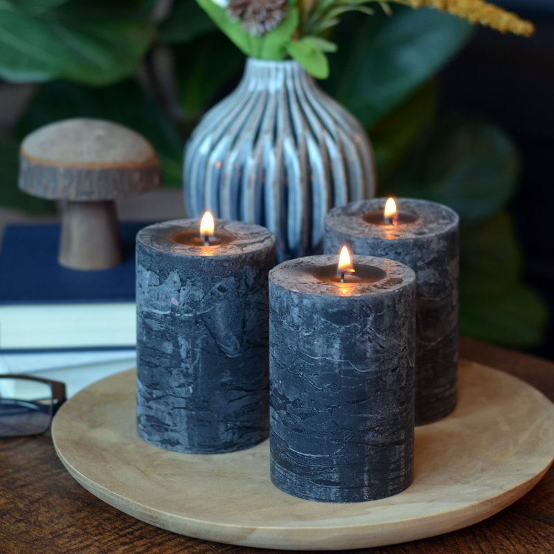 3 Piece Pillar Candle Set, Dark Grey