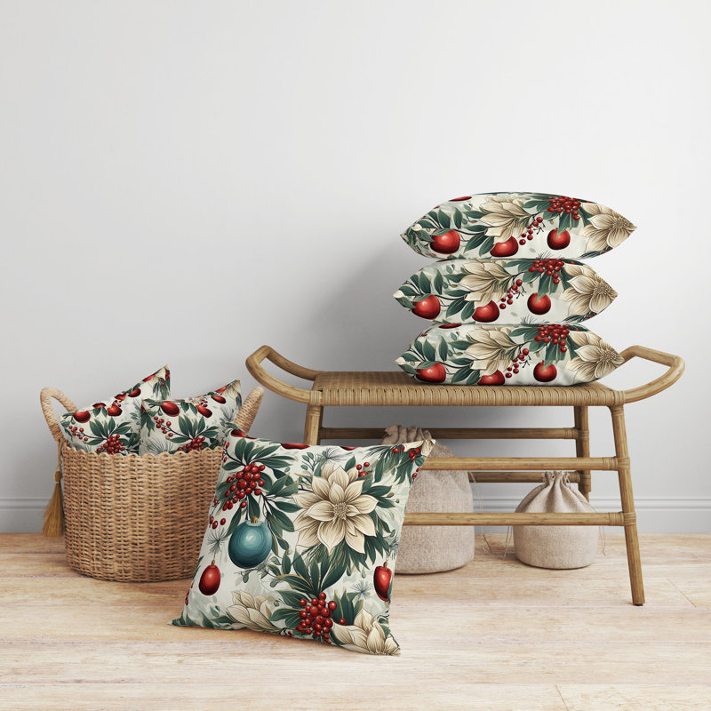 Festive Flurries Floral Indoor/Outdoor Reversible Pillow, Green/Red/Beige, 26"H x 26"W
