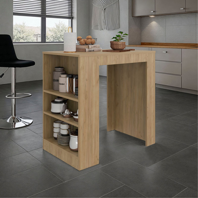 Kitchen Island and Counter Dining Table with Spacious Top Dining Surface, 3 Accessible Side Shelves for Kitchen Storage