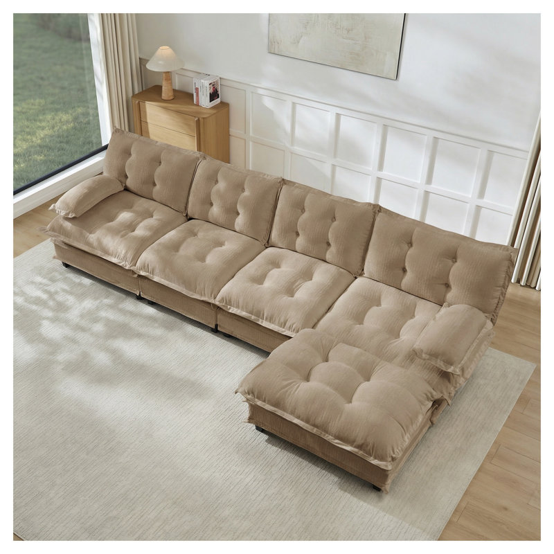 Canapé modulaire modulaire en forme de L de 138 po en forme de L avec repose-pieds 4 places, canapé profond en chenille 4 places avec coussin en treillis confortable décoré, chambre à coucher et appartement, café clair