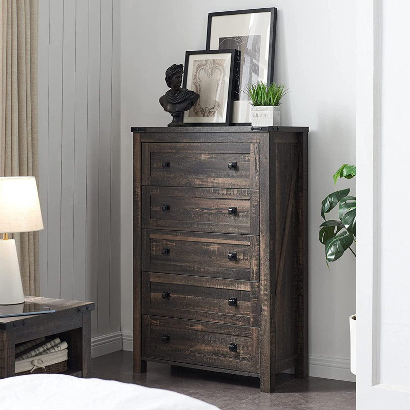 Grantville Farmhouse 5 - Drawers Dresser Organizer, Rustic Tall Chest of Drawers for Bedroom, Dark Rustic Oak