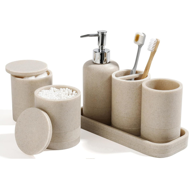 Ensemble d'accessoires de salle de bain 6 pièces avec organisateur et plateau de coiffeuse beige