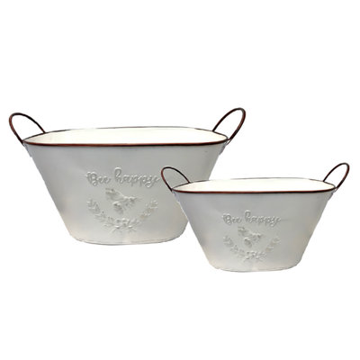 Ensemble de 2 seaux ovales en métal blanc avec motif «Bee Happy» en relief