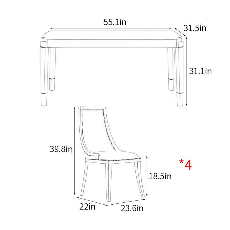 Ensemble de table de salle à manger rectangulaire moderne de style français, H 31,1 po x L 55,1 po x l 31,5 po
