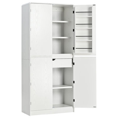 Tall Farmhouse Kitchen Pantry Cabinet With 8 Door Shelves, Curved Design, 3 Adjustable Shelves, And Hidden Drawer For Versatile Storage, White by Latitude Run
