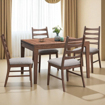 Ensemble de table de salle à manger extensible rustique 5 pièces avec chaises à dossier échelle, finition noyer, sièges rembourrés - Ensemble de salle à manger et de cuisine peu encombrant, convenant à 4 à 6 personnes