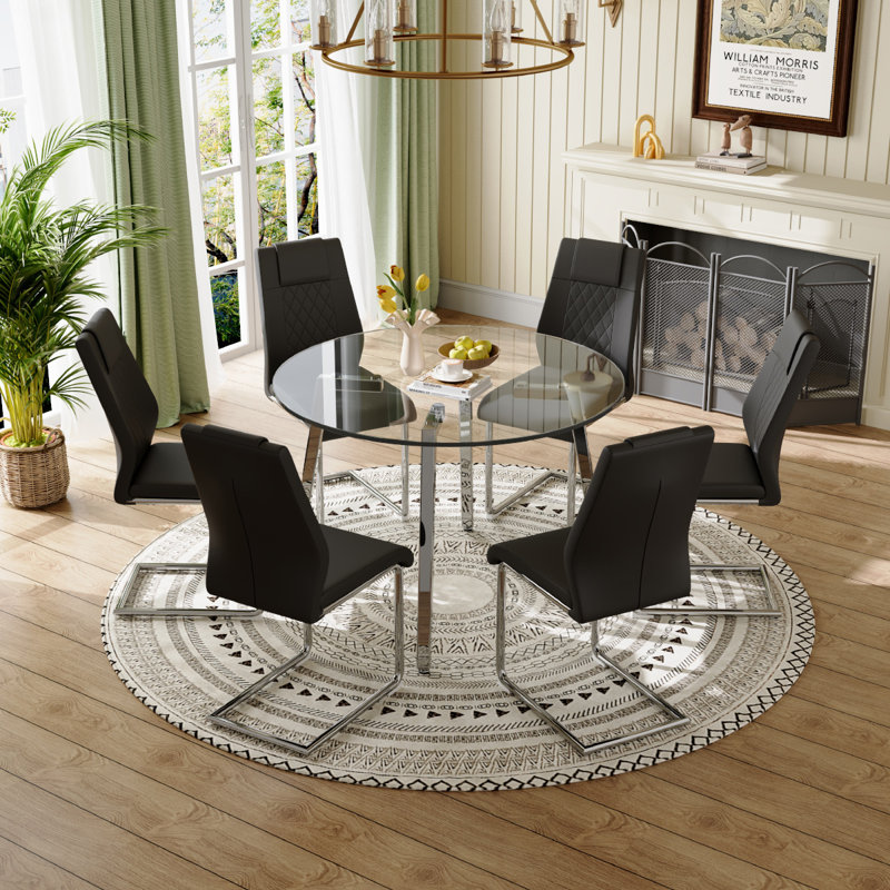 Glass Top Dining Set, 7, Silver, Black/Silver