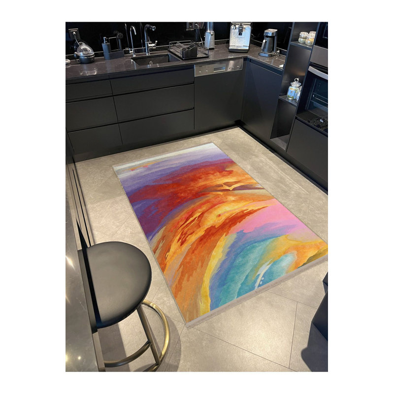 Multi Color Abstract Fringed Modern Decorative Machine Washable Area Rug, Square 3'3"