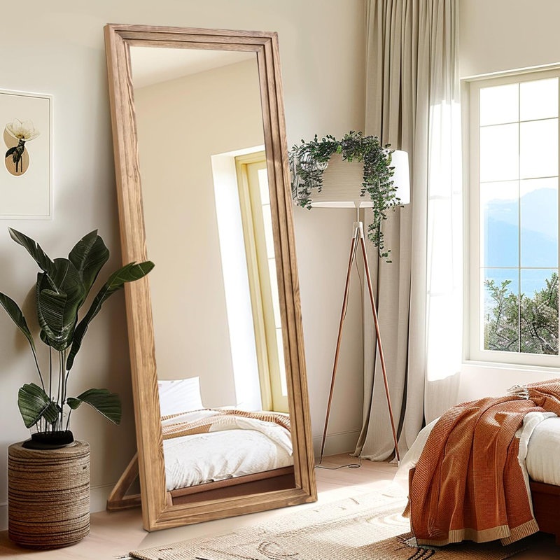 Miroir pleine grandeur avec support et cadre en bois massif, Marron clair