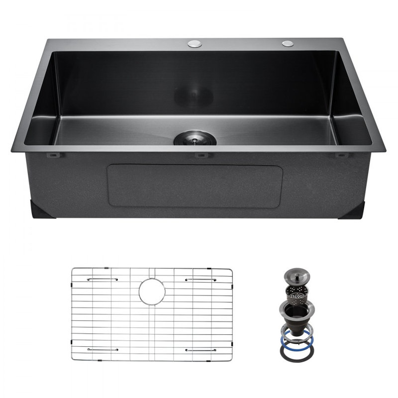 33" Kitchen Sink Top Mount Single Bowl Drop-In Basin Stainless Steel, Black