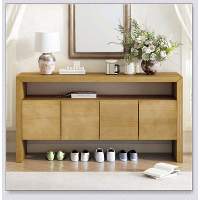 Buffet 4 portes moderne avec tablette ouverte, grain de bois naturel, rangement grande capacité
