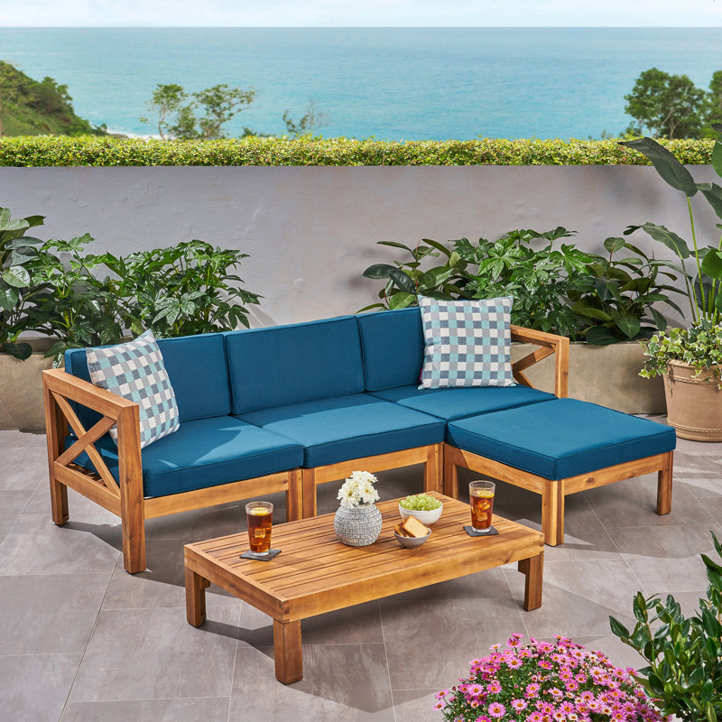 Ensemble de canapé en alcôve Lhape, Coussin bleu / structure en teck
